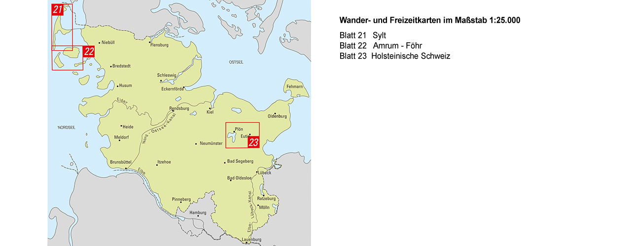 Blattschnitt der Wander- und Freizeitkarten 1:25.000 (Quelle: LVermGeo SH) Blattschnitt der Wander- und Freizeitkarten 1:25.000