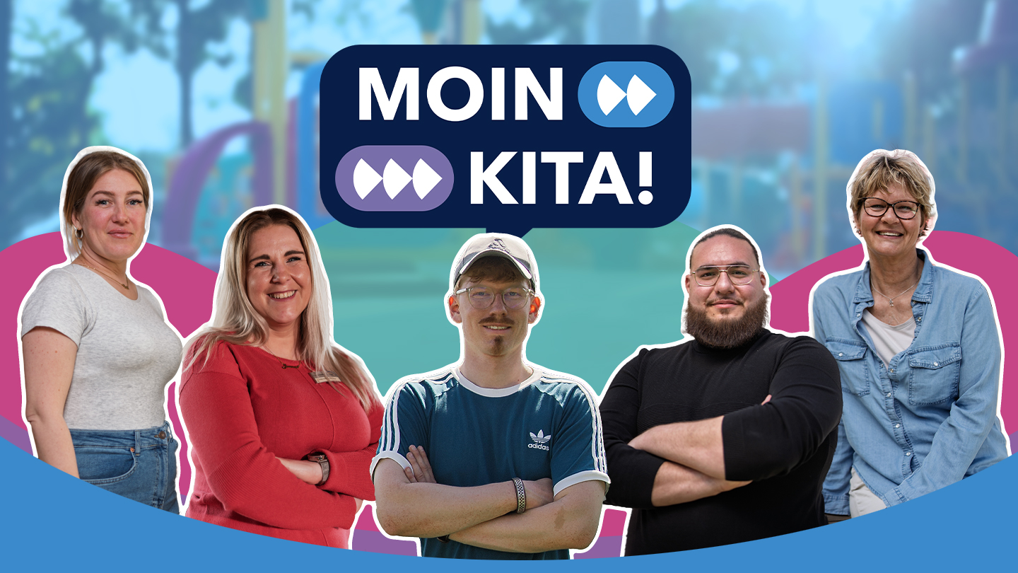 Fünf Personen sind freigestellt vor einem Kinderspielplatz, ein großes blaues Banner schreibt "MOIN KITA" (Quelle: Sozialministerium) Fünf Personen sind freigestellt vor einem Kinderspielplatz, ein großes blaues Banner schreibt "MOIN KITA"